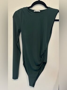 Zara Green Long-Sleeve Ruched Draped Bodysuit